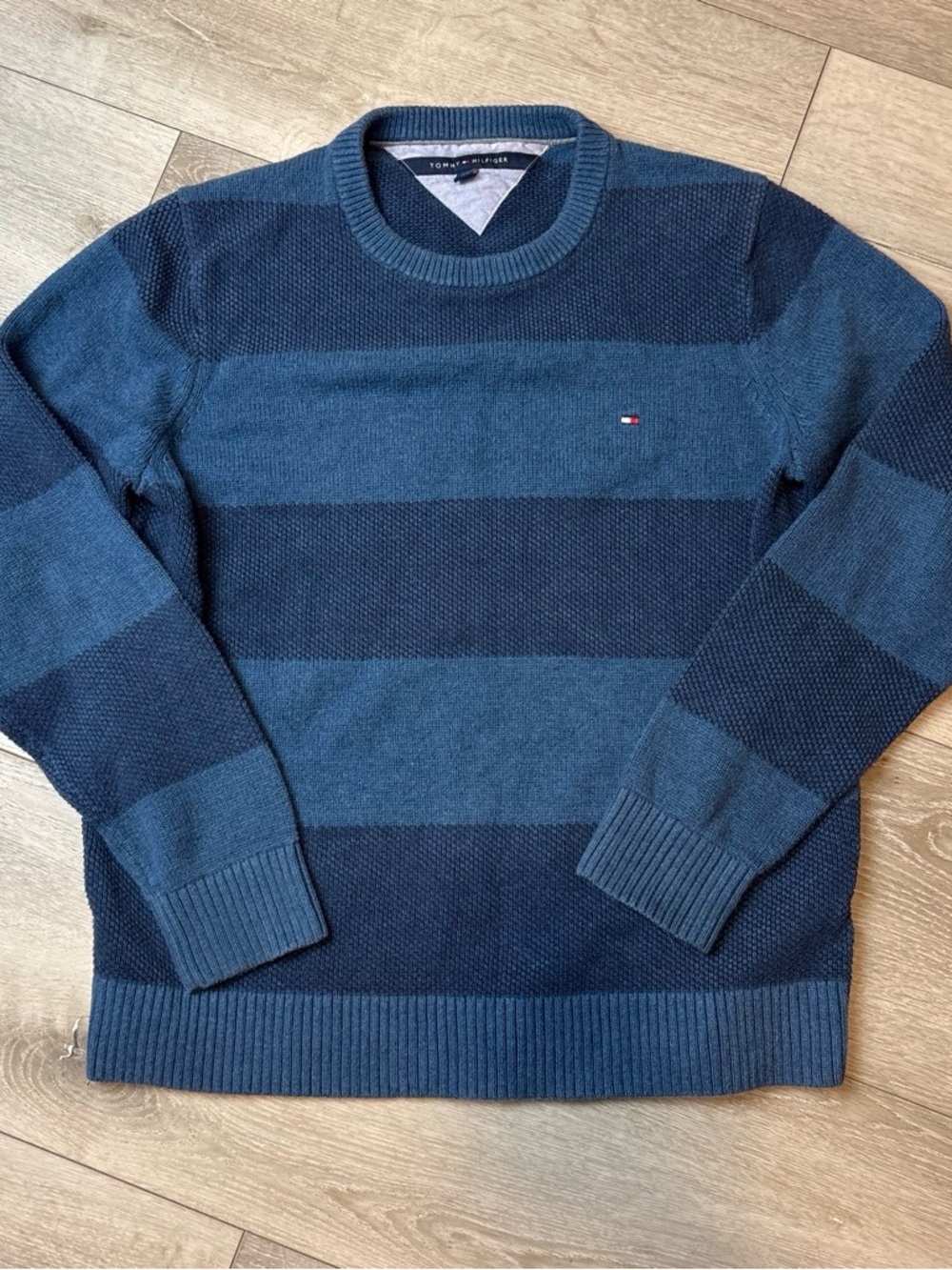 Tommy Hilfiger Men's Blue Striped Crewneck Sweater